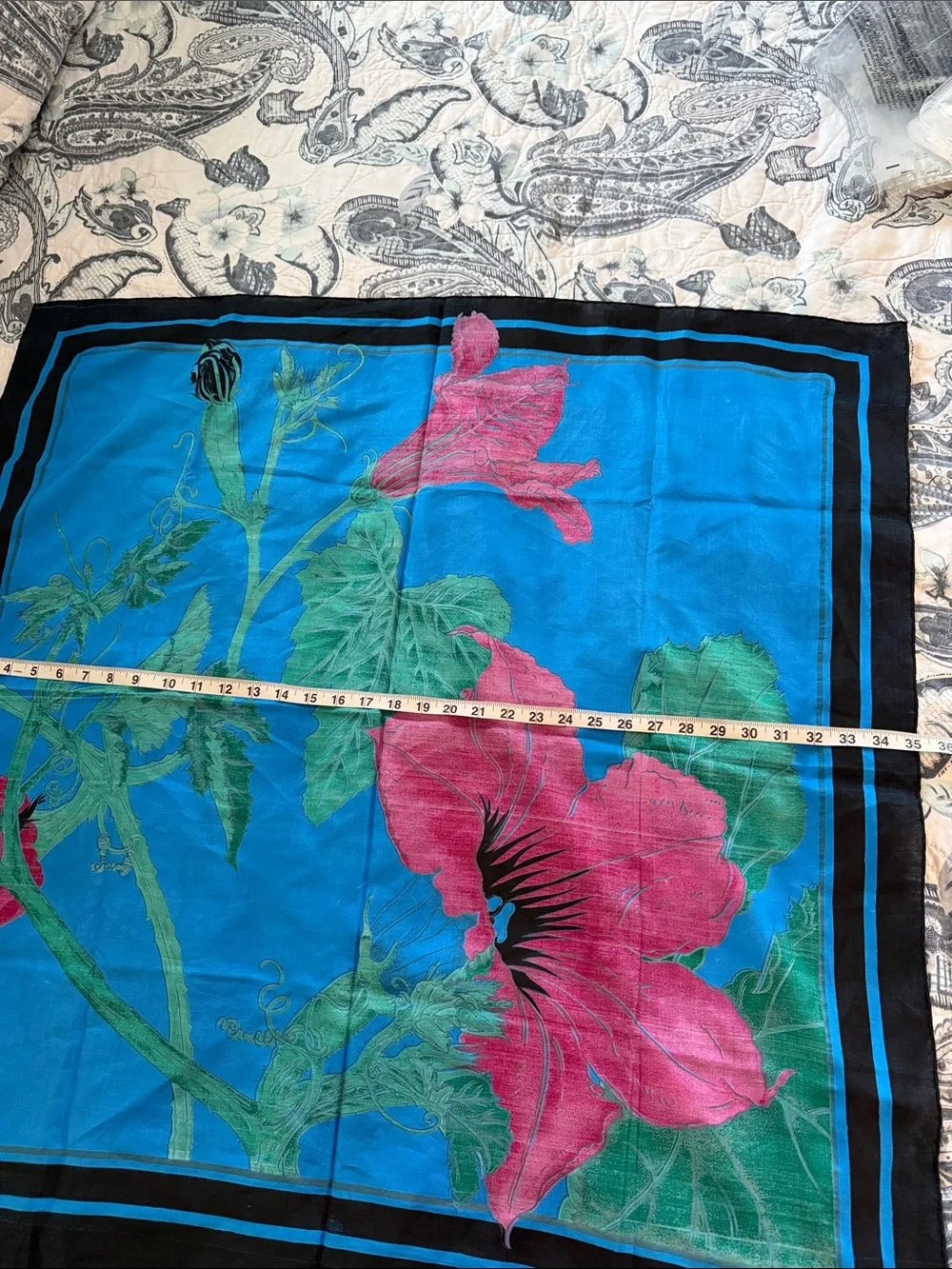 Vintage Thai silk 100% Blue Floral Square Scarf with Pink Bloom